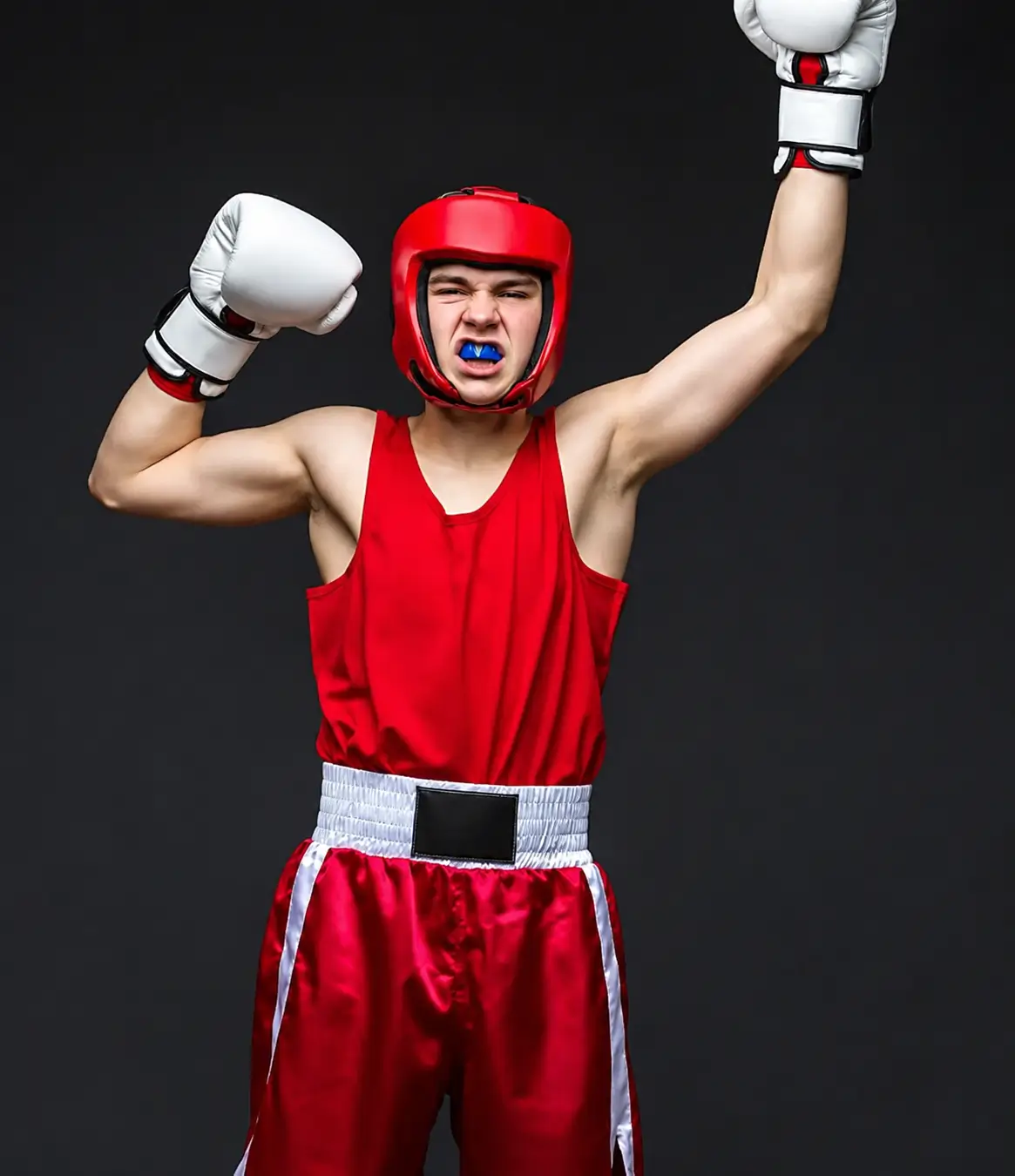 Boxer wearing protective headgear and a mouthguard with raised boxing gloves