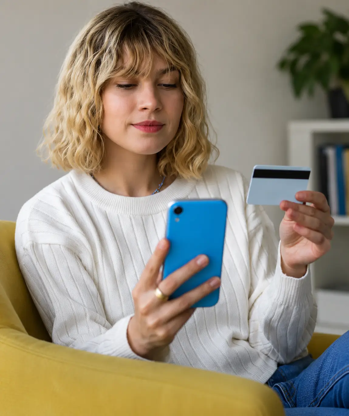 Patient using a smartphone and payment card to access Bupa Members First Dental Care benefits