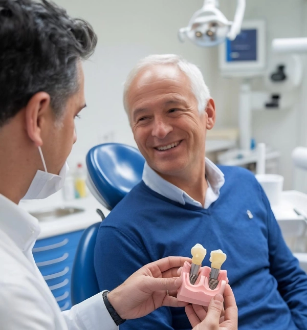 Clinician holding a dental implant model while talking with a man sitting in a dental chair