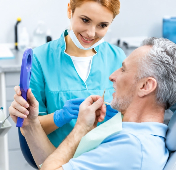 Patient looking at their smile in a hand mirror with a clinician during a dental appointment.