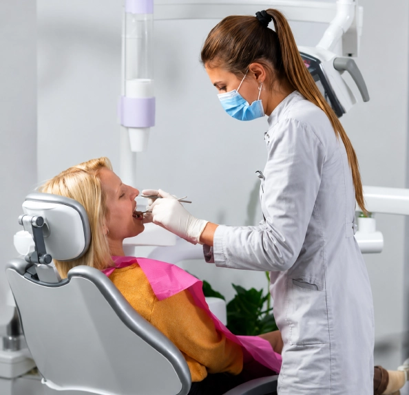 clinician using dental tools examining woman