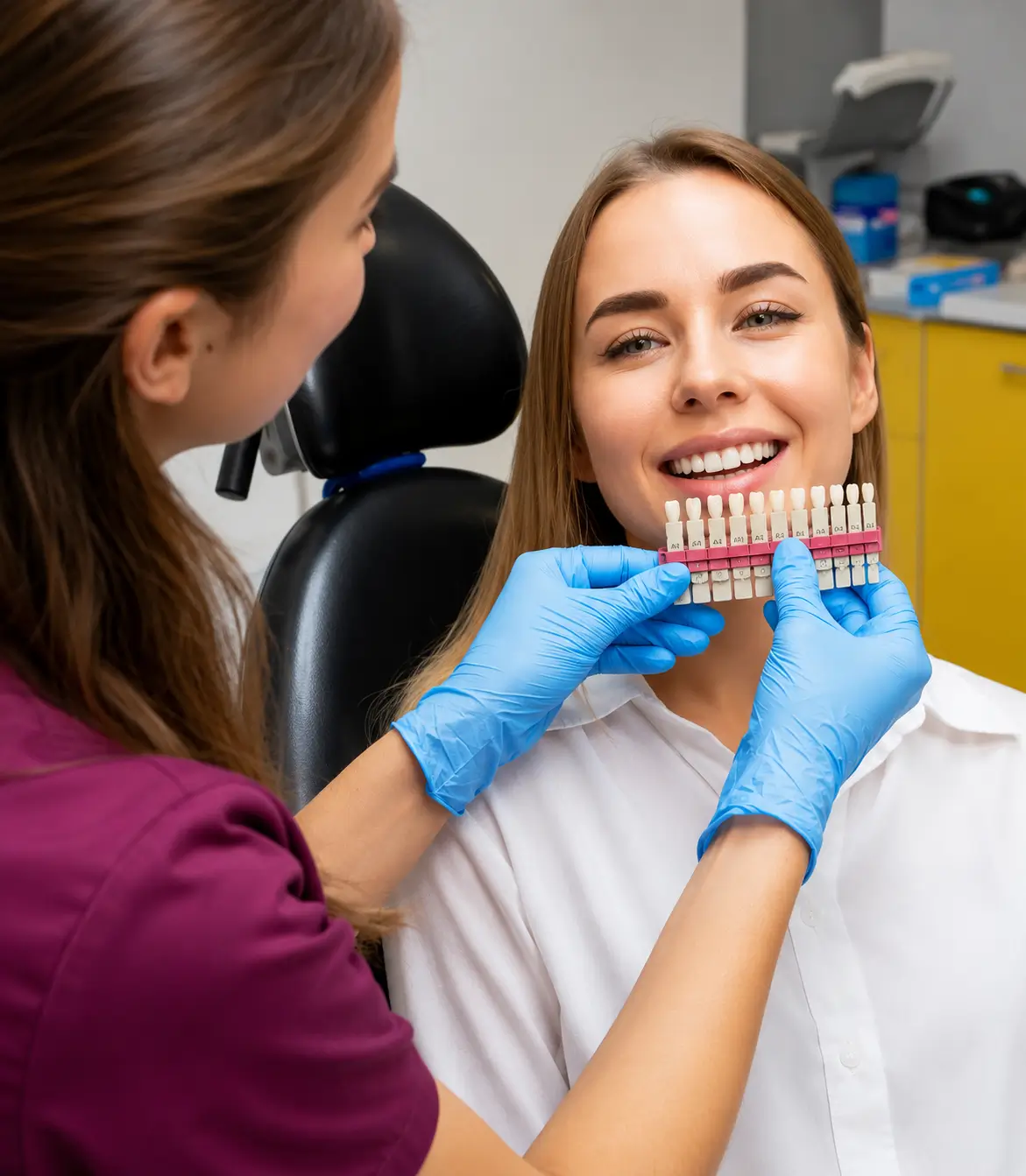 Dentist matching composite veneer shades to achieve a natural-looking smile