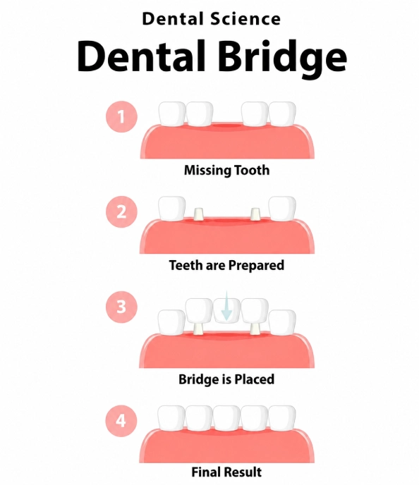 Dental bridge diagram showing four stages from a missing tooth to the final bridge placement.