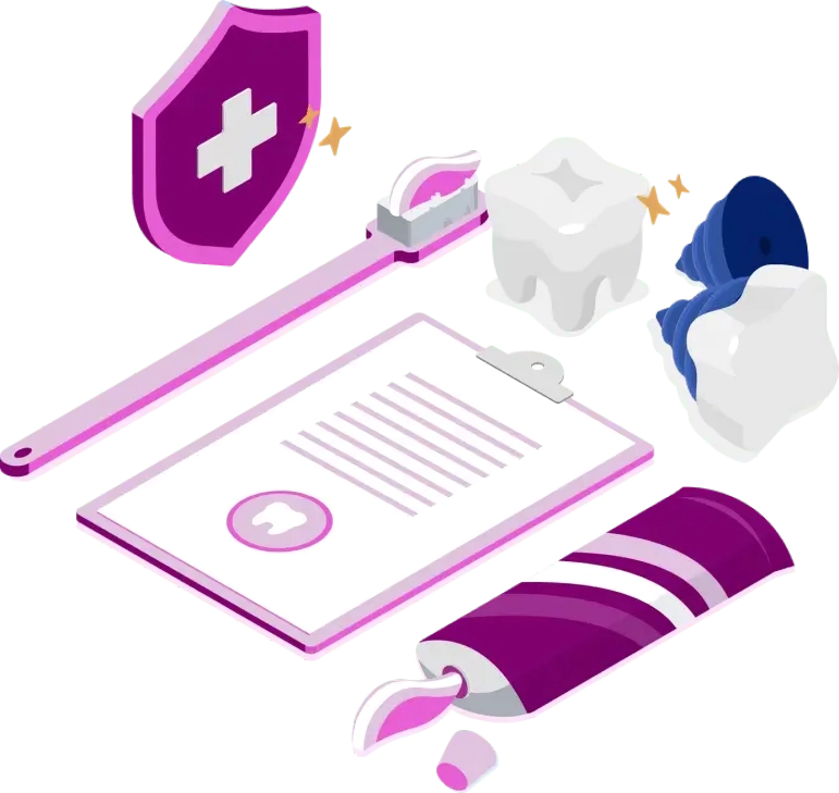 Dental care illustration featuring a toothbrush, toothpaste, teeth, implant, clipboard, and shield.