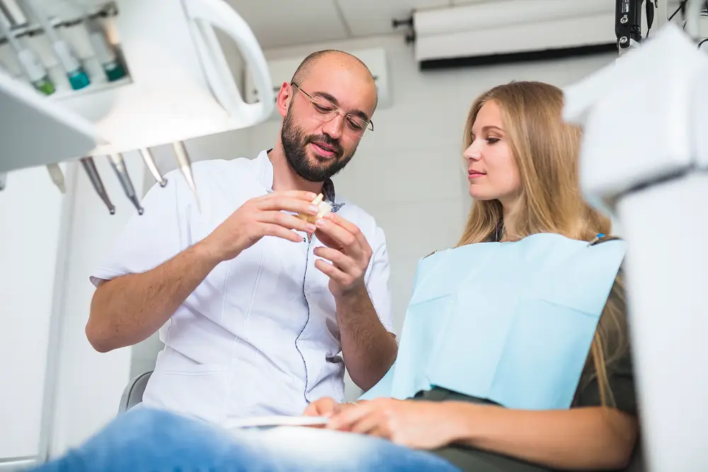Dentist explaining a dental treatment plan using a tooth model during a patient consultation