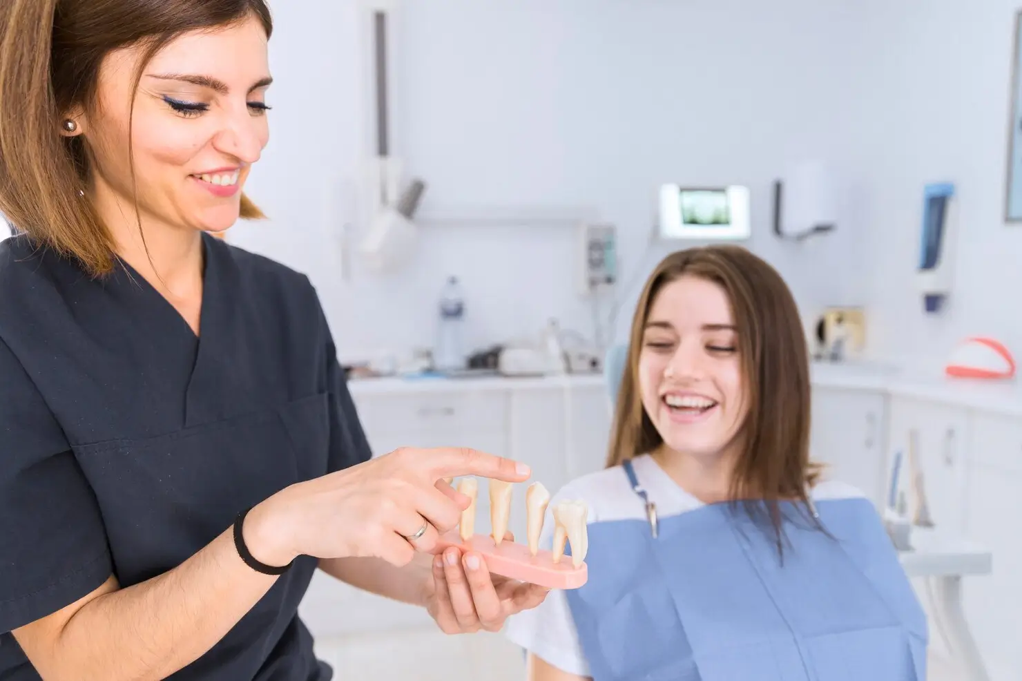 Dentist explaining treatment options using a tooth model during a consultation