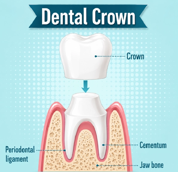 Diagram titled Dental Crown showing a crown fitting over a prepared tooth root, labeled with Cementum, Jaw bone, and Periodontal ligament