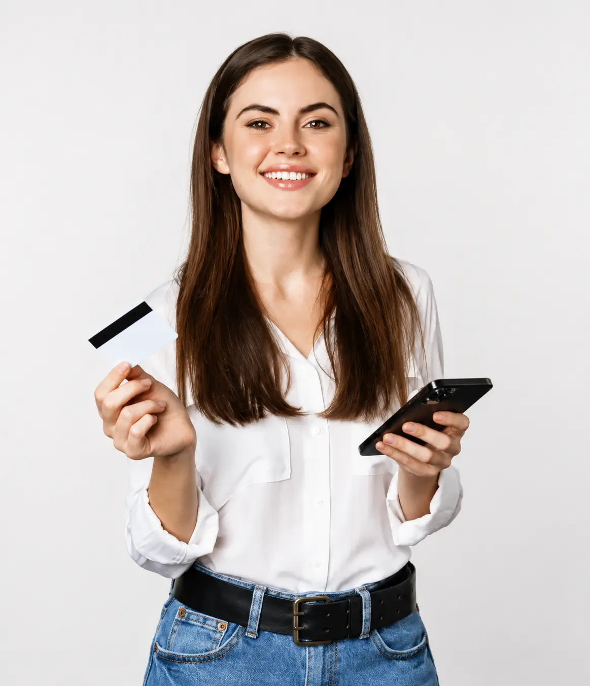 Patient using a credit card and smartphone to make an online dental payment