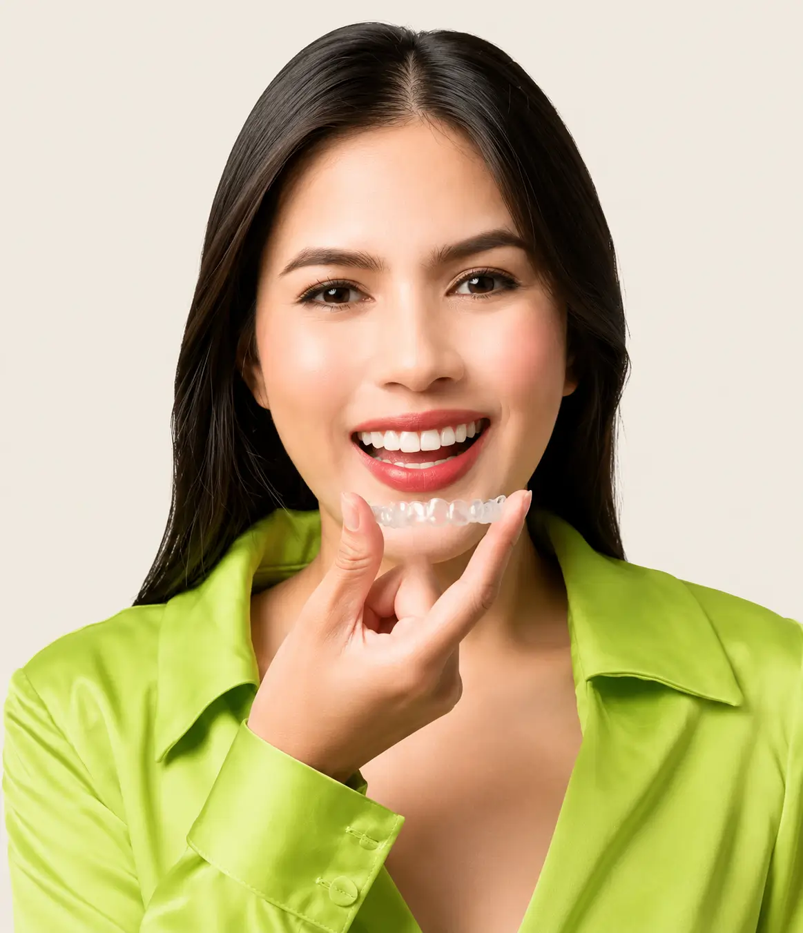 Person holding a clear aligner below their smile