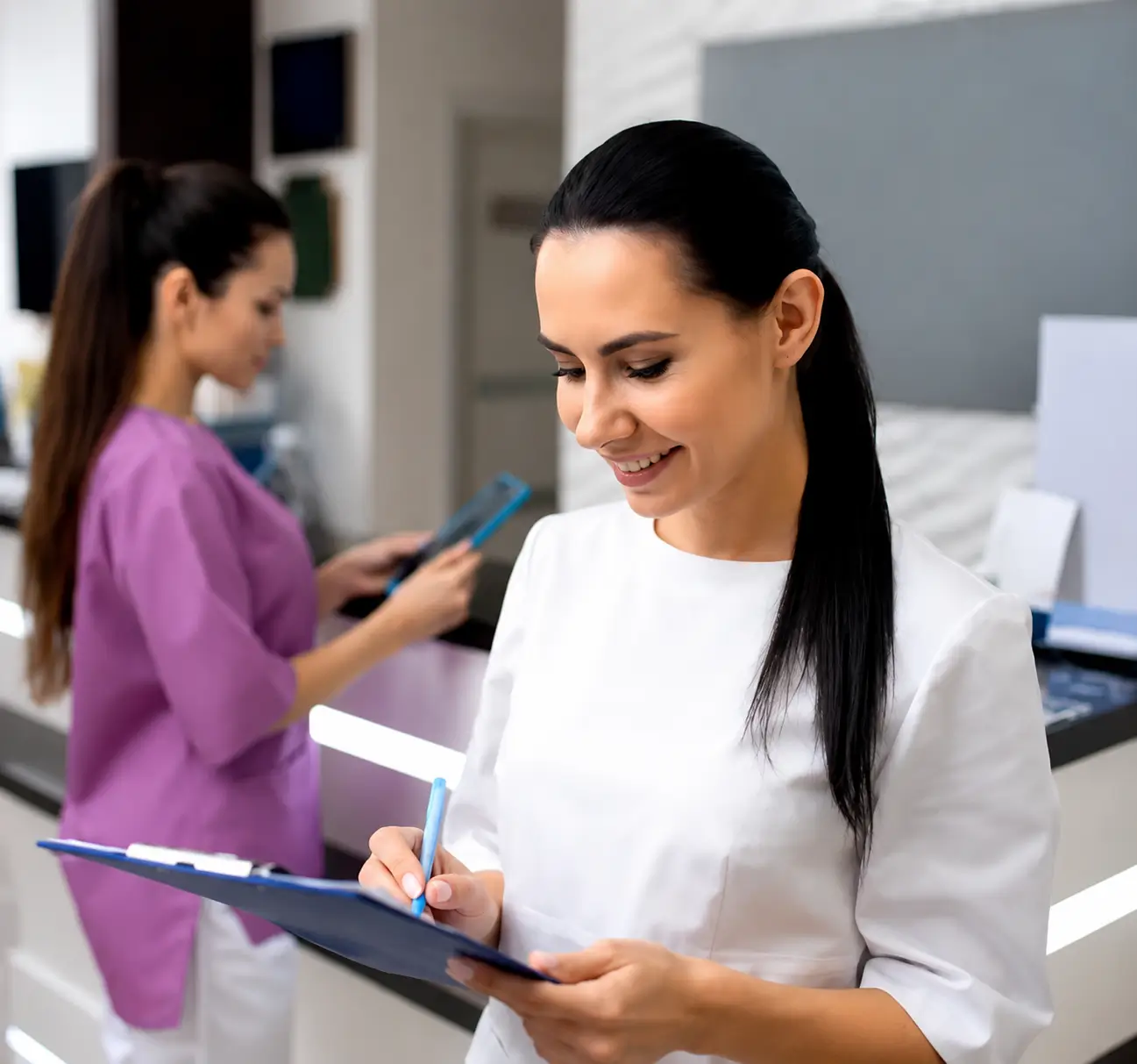 Reception staff member writing on a clipboard