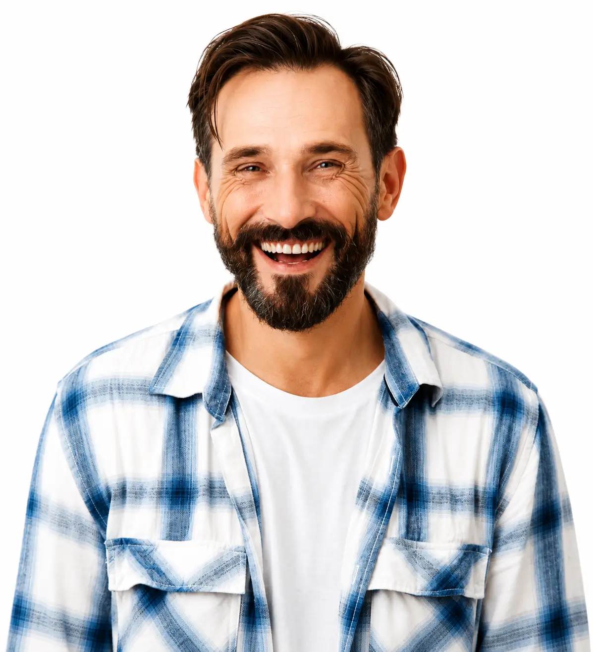 Smiling bearded man wearing a blue and white check shirt
