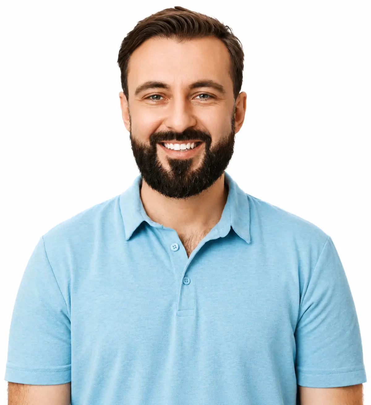 Smiling bearded man wearing a light blue polo shirt