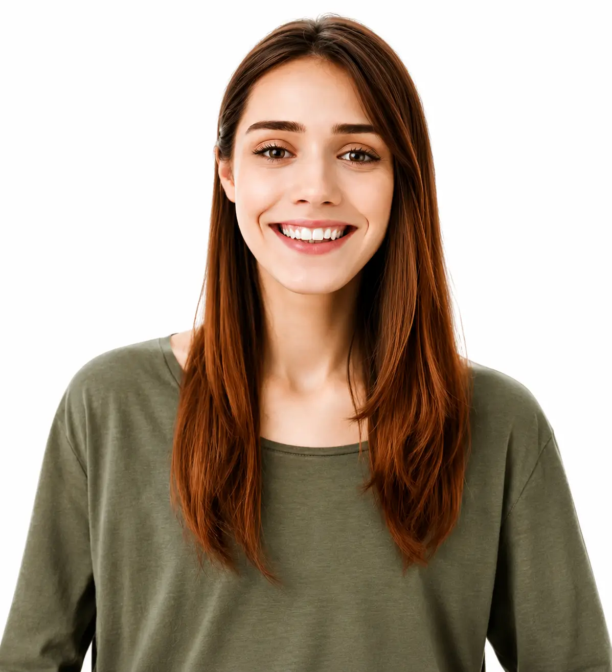 smiling woman green top long brown hair