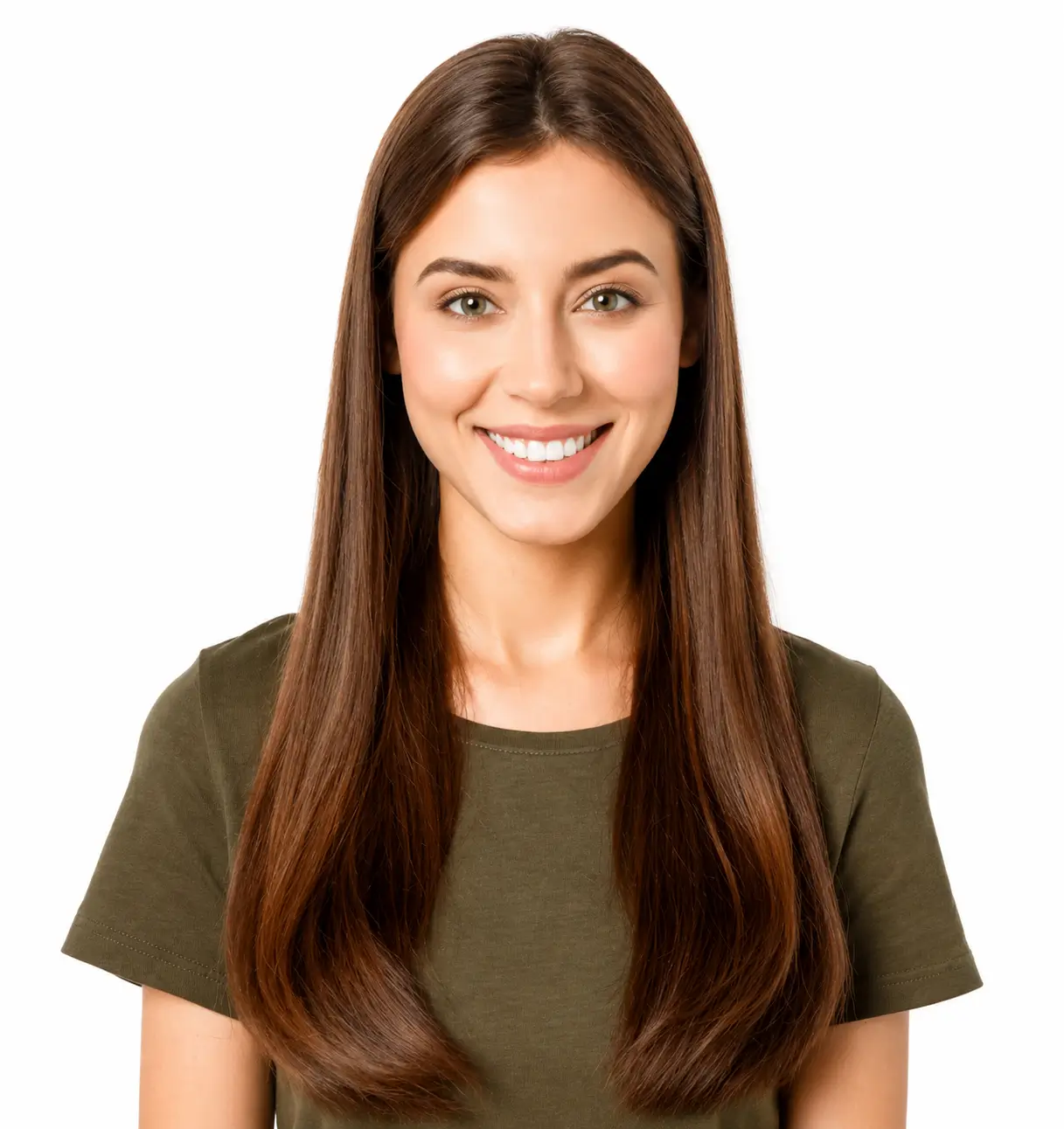 Smiling woman with long brown hair wearing a green top