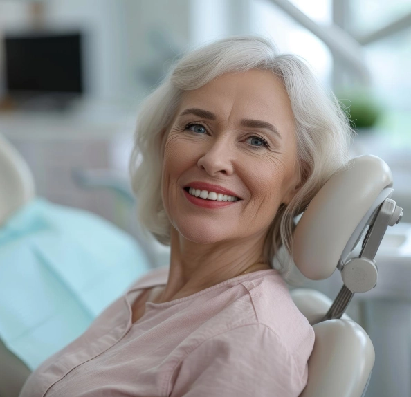 Smiling woman with short grey hair reclining in a dental chair in a treatment room