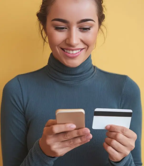 Smiling woman in a turtleneck holding a smartphone and a credit card against a yellow background