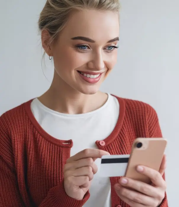 smiling woman holding smartphone and debit card