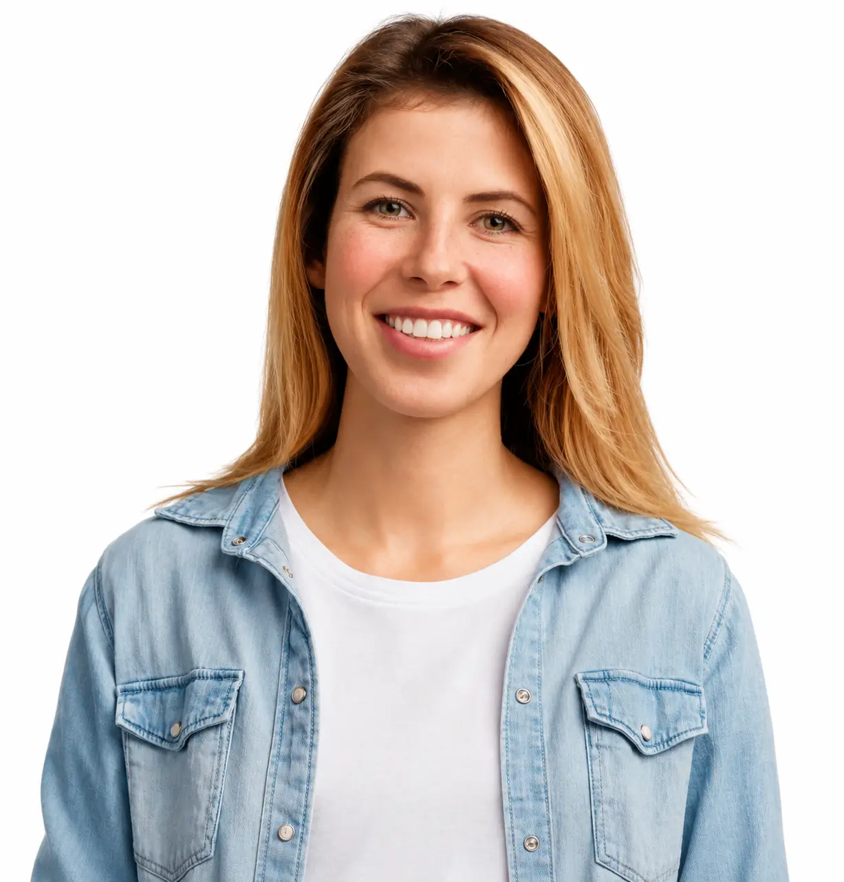 Smiling woman wearing a light blue denim shirt