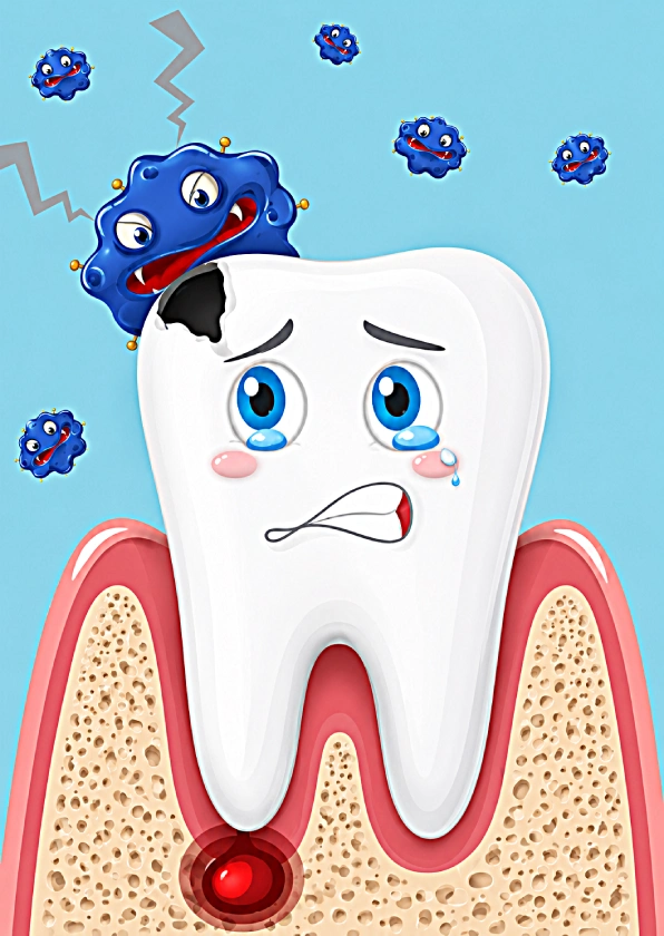 illustration of a crying tooth character with a cavity being attacked by blue bacteria monster characters