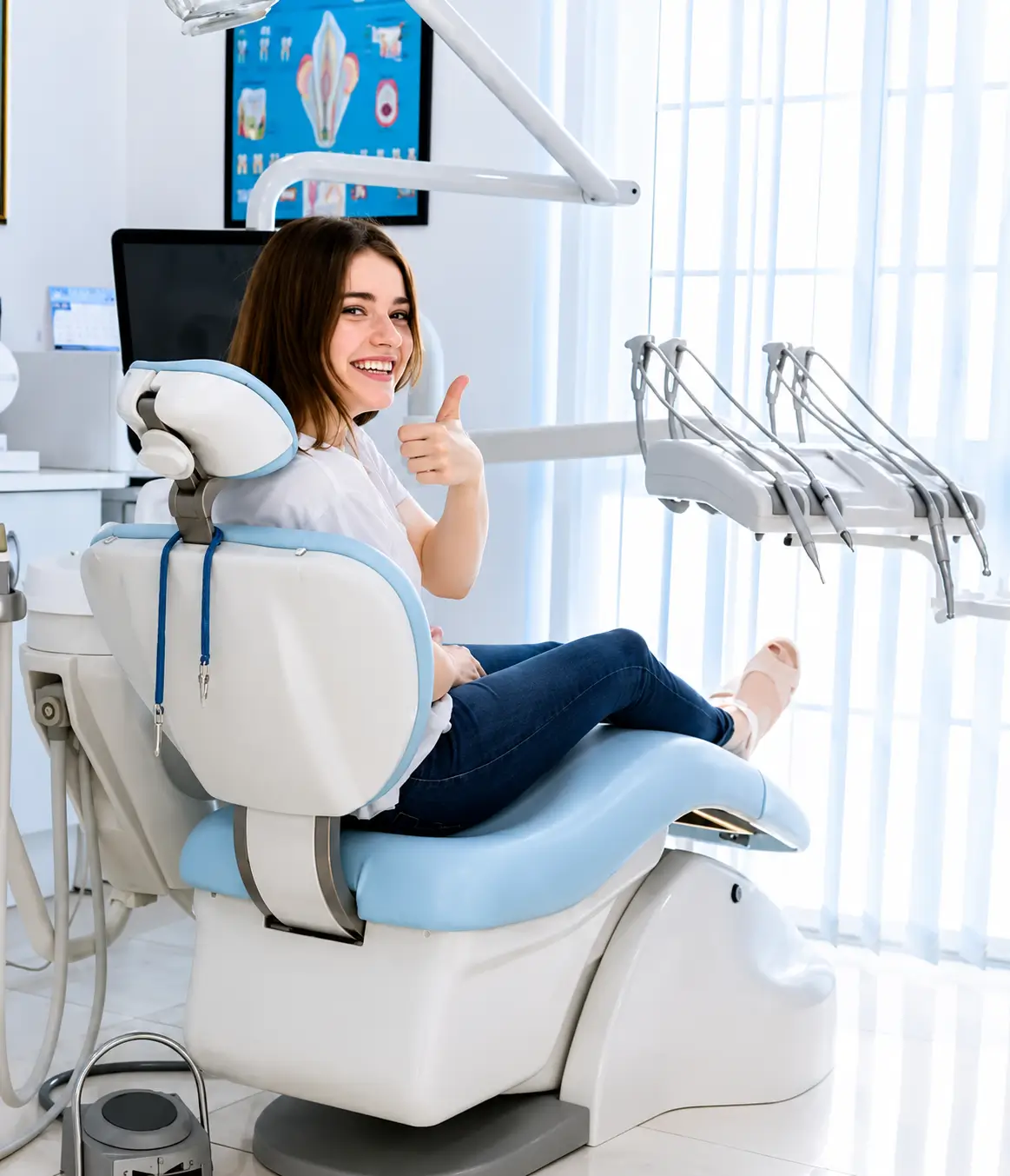 Patient giving a thumbs-up before a tooth extraction consultation