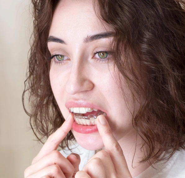 Woman inserting a clear aligner over her teeth