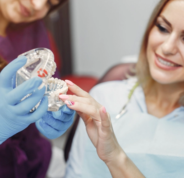 woman touching clear dental jaw model