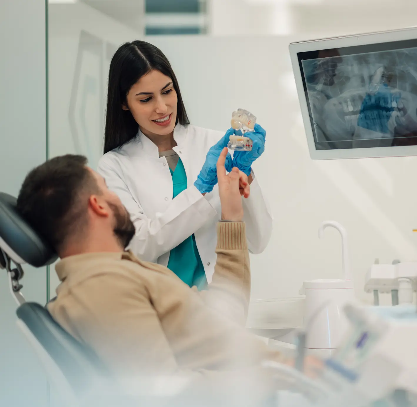 Dentist explaining a dental model to a seated person.