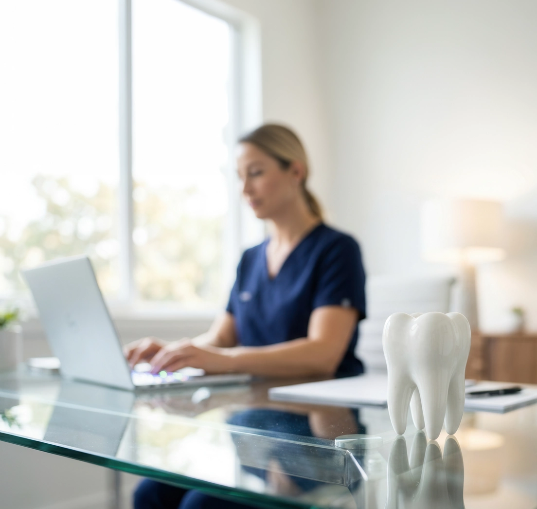 Dentist in navy scrubs using a laptop with a tooth model in the foreground