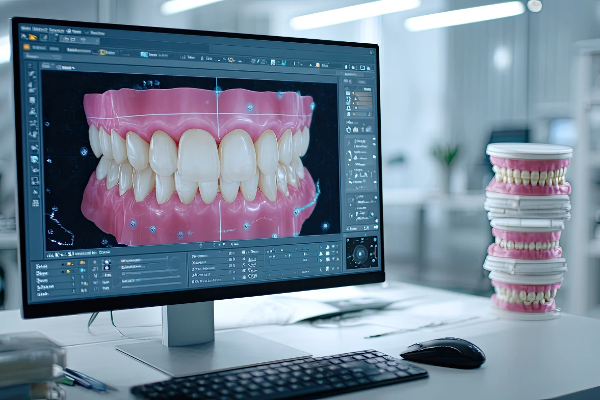 Digital denture design displayed on a computer with dental models.