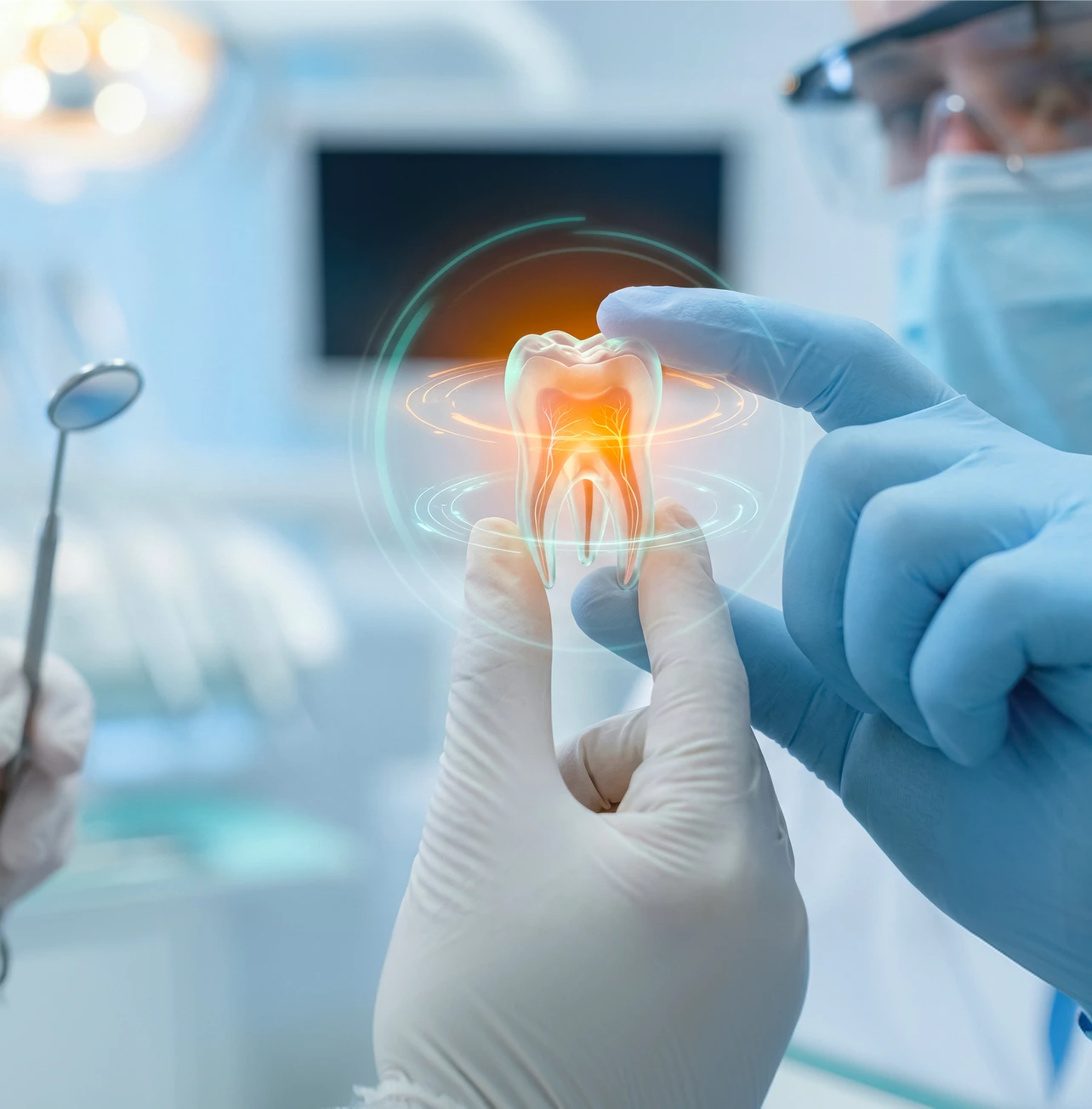 Dentist using modern technology to illustrate root canal treatment