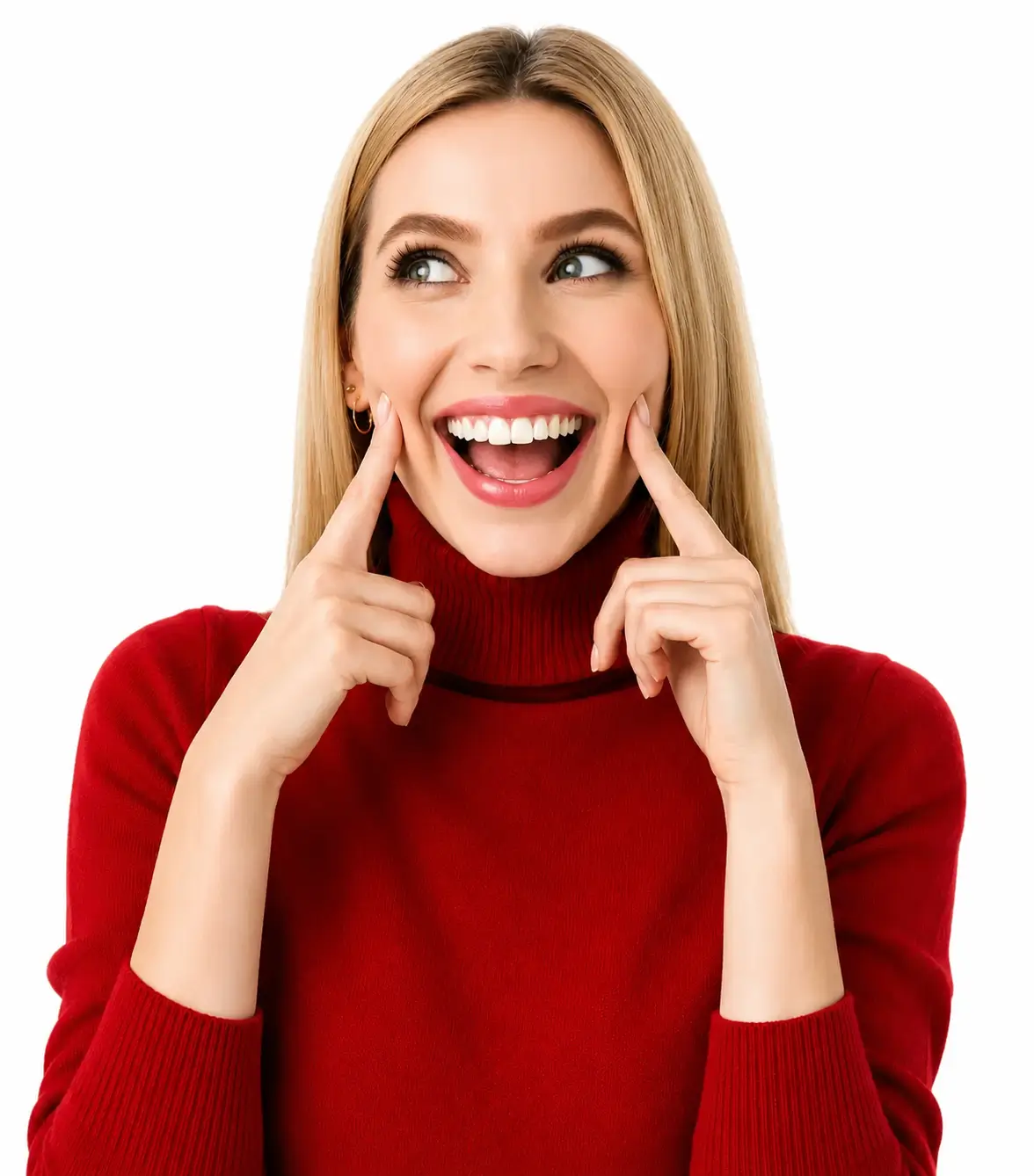 Person smiling and pointing to their cheeks
