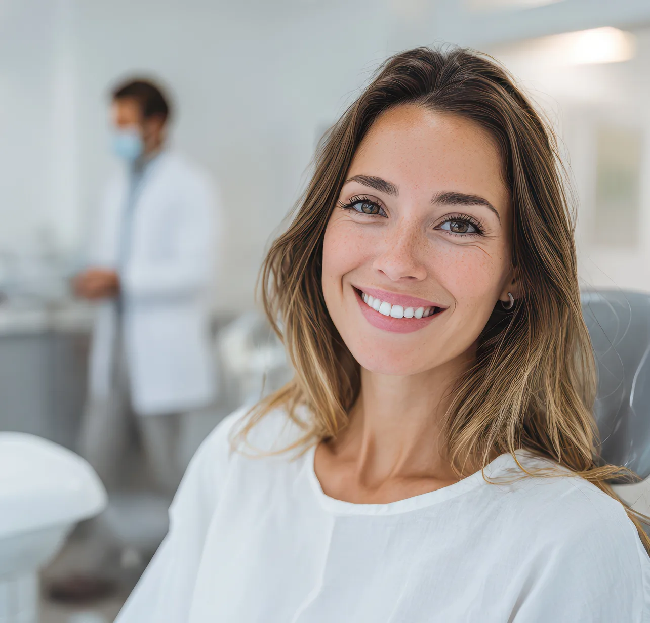 Smiling female patient sitting in a bright modern dental clinic