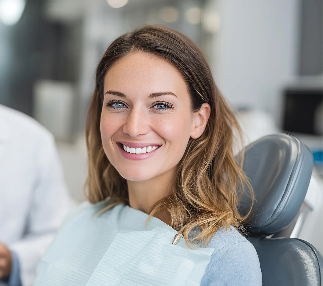 Woman smiling while seated in a dental chair